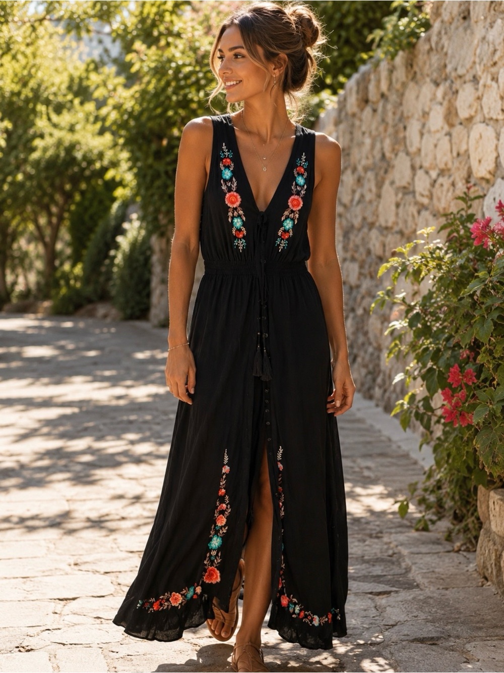 Kivari Black Maxi Dress with Red & Teal Floral Embroidery